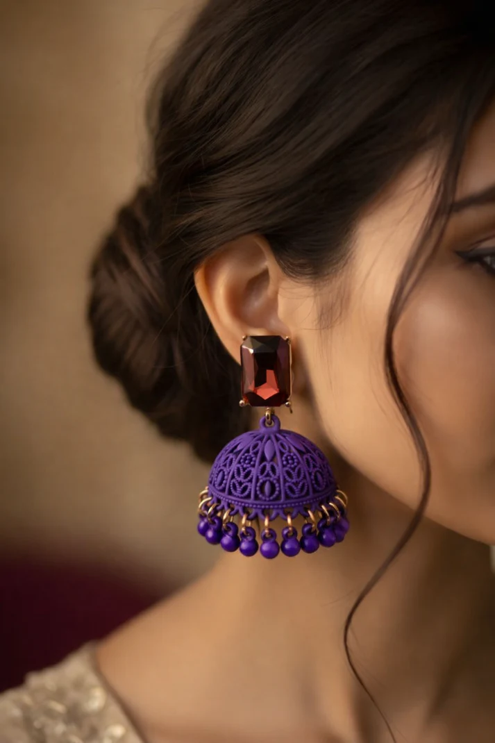 Jhumka Earrings with Ruby Stone | Traditional Party Wear Ethnic Jewelry for Women