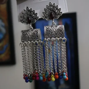 Oxidized Silver Peacock Jhumka Earrings with Multicolor Bead Tassels