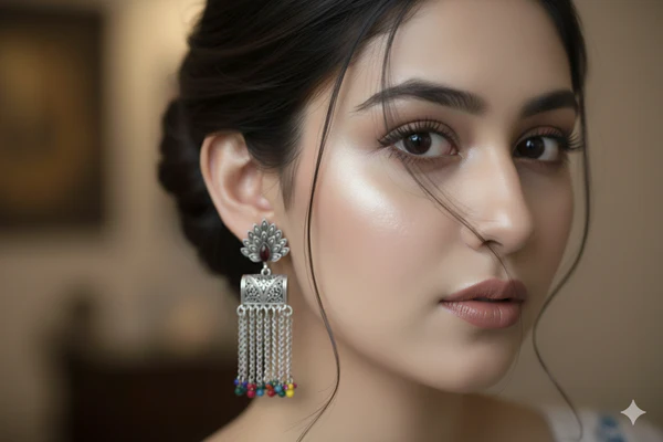 Oxidized Silver Peacock Jhumka Earrings with Multicolor Bead Tassels
