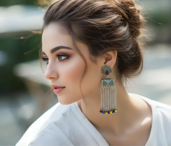 Oxidized Silver Peacock Jhumka Earrings with Multicolor Bead Tassels