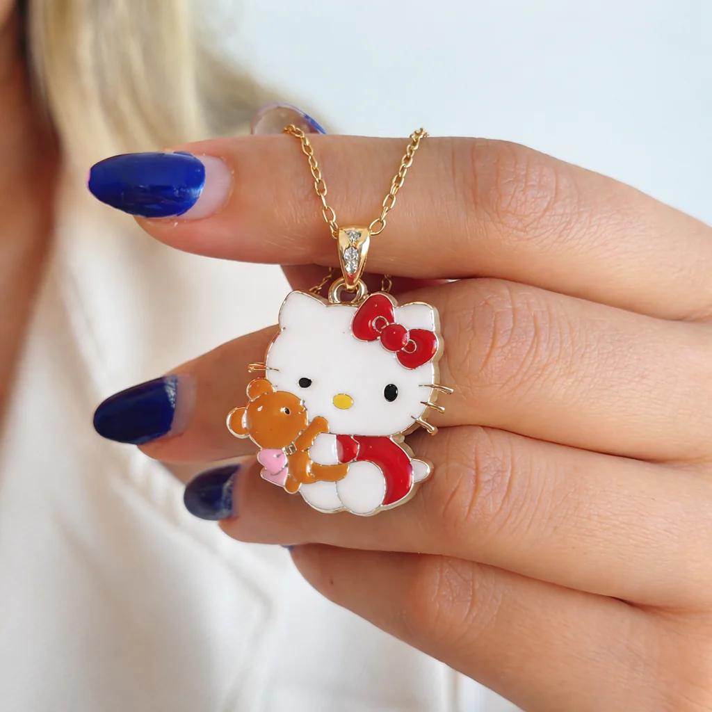 Cute Kitty Pendant Necklace – Enamel Cartoon Locket with Gold-Color Chain