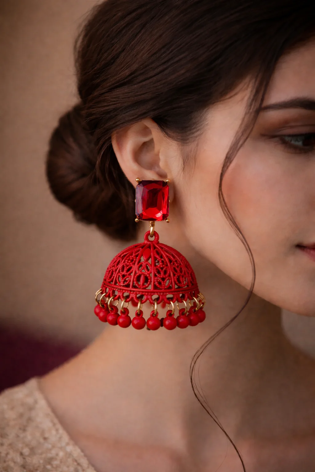 Jhumka Earrings with Ruby Stone | Traditional Party Wear Ethnic Jewelry for Women