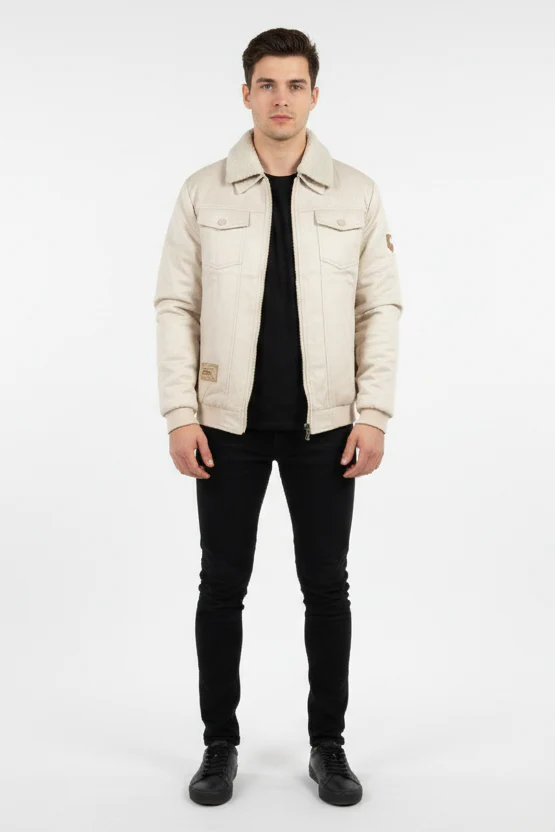 Men's Beige Winter Jacket with Faux Shearling Lining