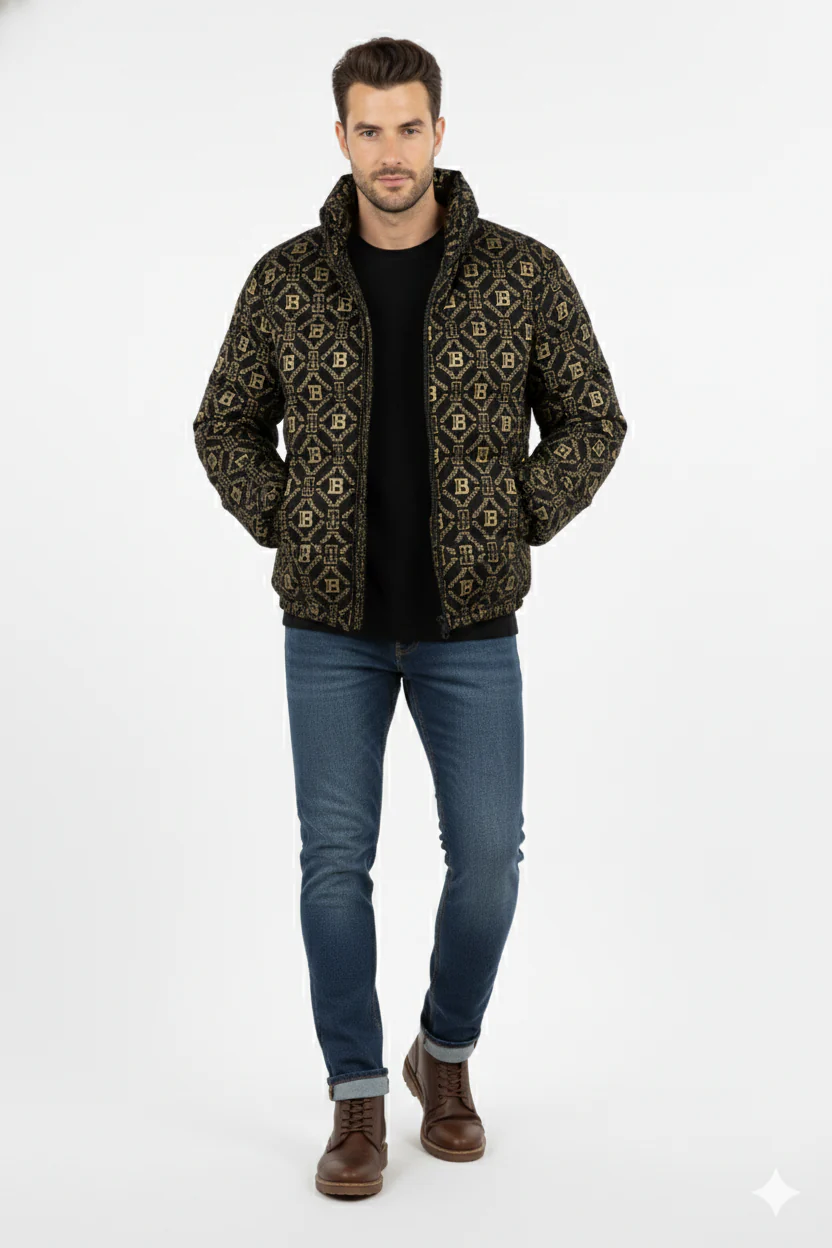 Luxury Gold Monogram Puffer Jacket – Bold, Warm & Street-Ready