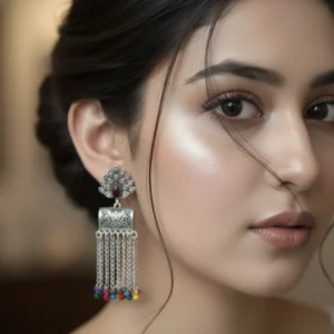 Oxidized Silver Peacock Jhumka Earrings with Multicolor Bead Tassels