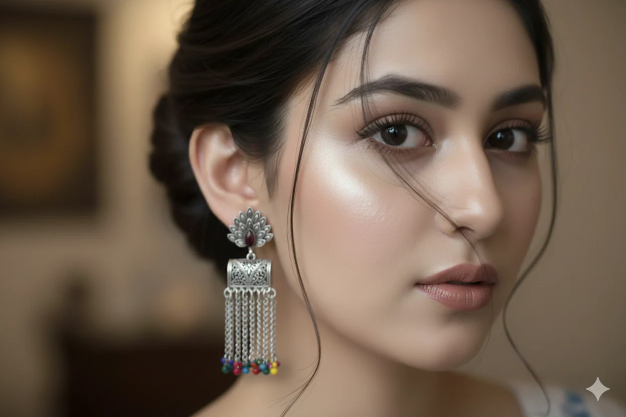 Oxidized Silver Peacock Jhumka Earrings with Multicolor Bead Tassels
