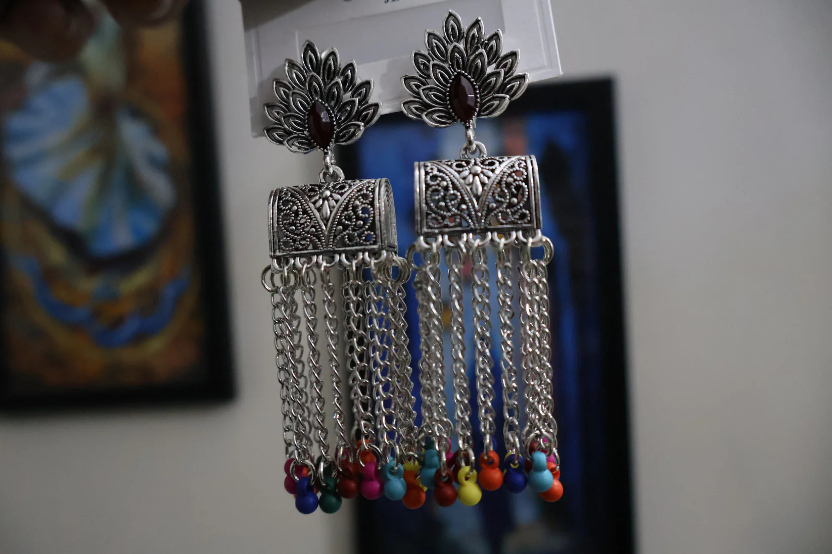 Oxidized Silver Peacock Jhumka Earrings with Multicolor Bead Tassels