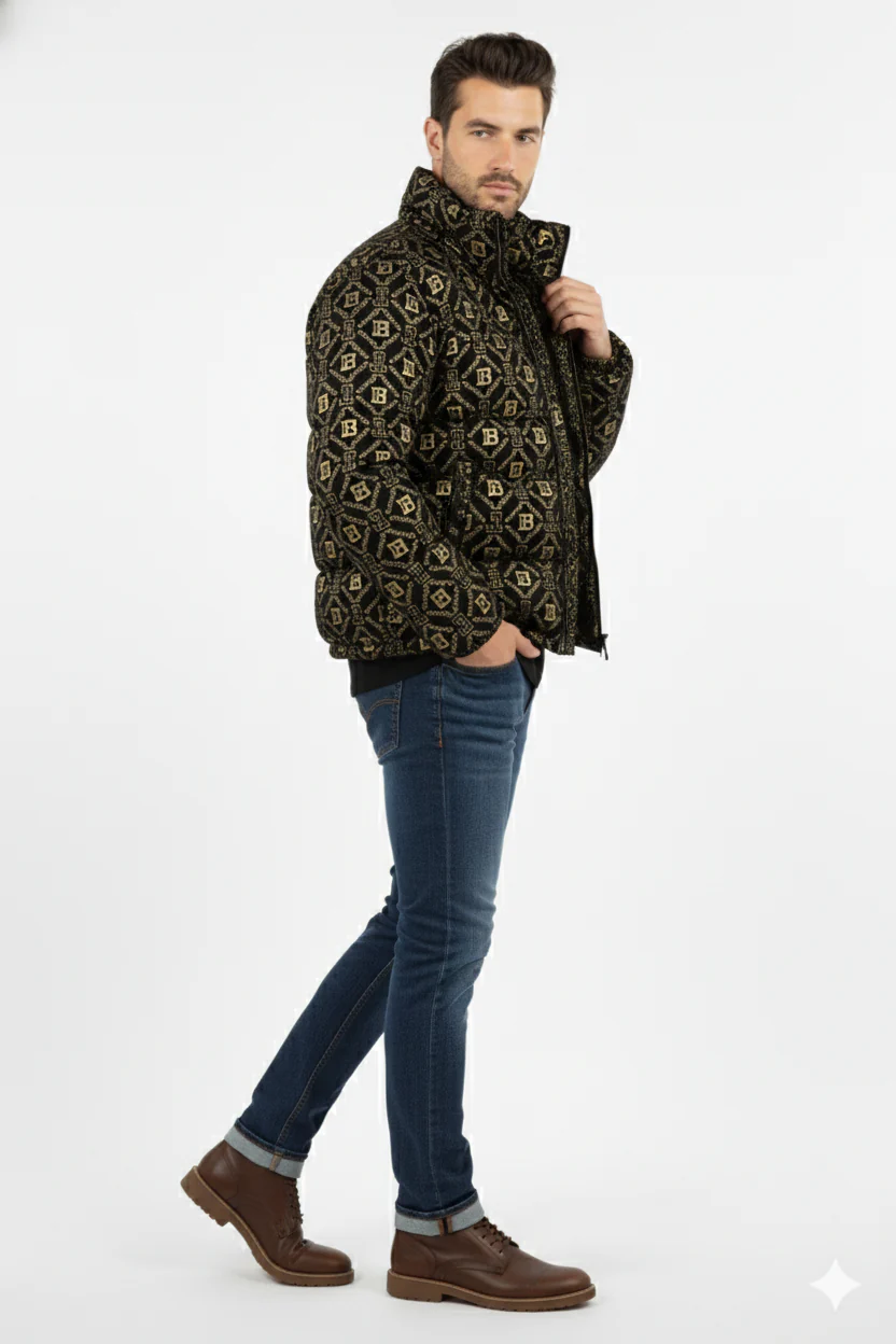 Luxury Gold Monogram Puffer Jacket – Bold, Warm & Street-Ready