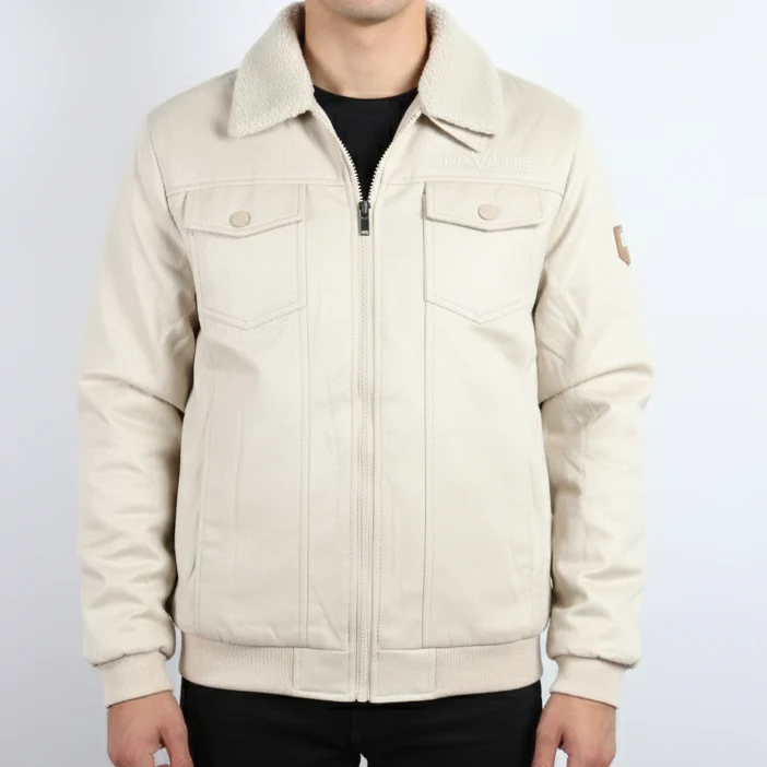 Men's Beige Winter Jacket with Faux Shearling Lining