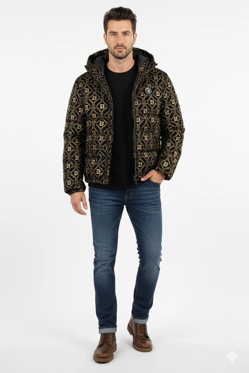 Luxury Gold Monogram Puffer Jacket – Bold, Warm & Street-Ready