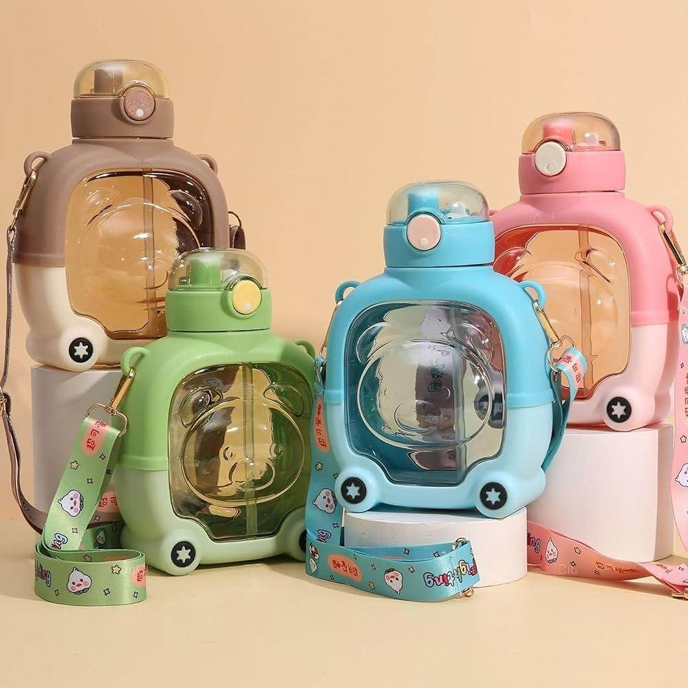 Cute Cartoon Bus Water Bottle for Kids 500ml – Leakproof Straw Water Bottle with Strap
