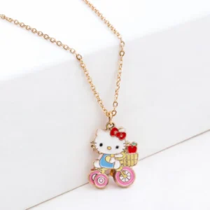 Cute Kitty Pendant Necklace – Enamel Cartoon Locket with Gold-Color Chain