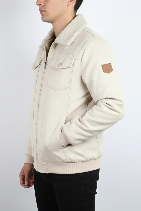 Men's Beige Winter Jacket with Faux Shearling Lining